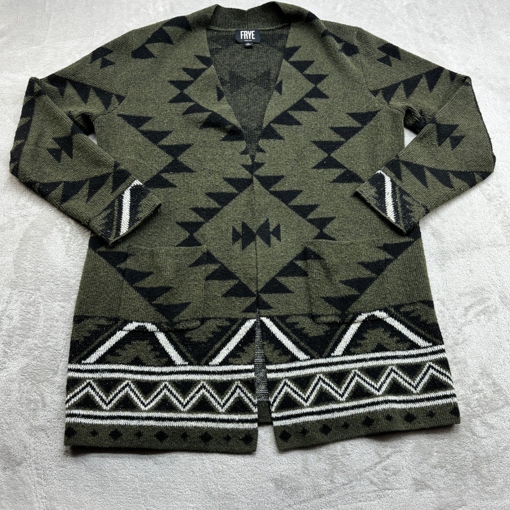 Frye Cardigan Sweater Womens M Green Geometric Southwestern Boho Aztec Longline